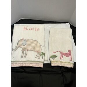 Pottery Barn Kids Safari Embroidered 2 Piece Bath Towel Set- "Katie" Large